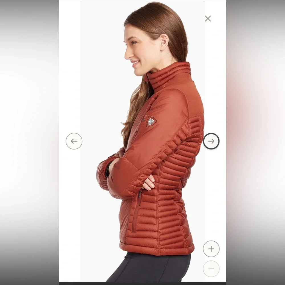 KUHL Spyfire Goose down Jacket cinnamon rust dark orange small puffer NWOT zip - Picture 5 of 15
